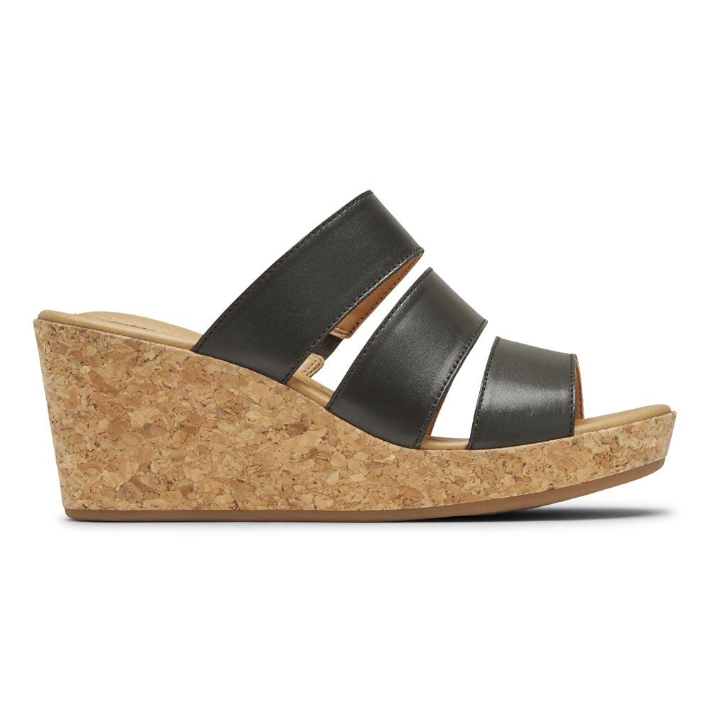 Rockport Lyla Banded Wedges - Womens Slides - Black - NZ (MBJ-153490)